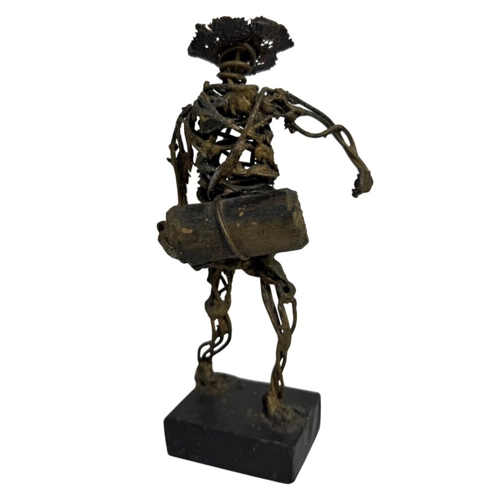 Brutalist Wire Sculpture Man w/ Hand Drum Modern Art Wood Stand Burning Man